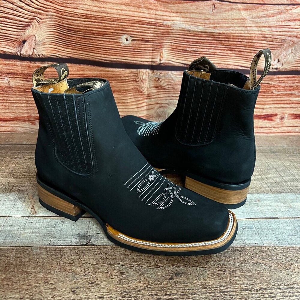 Men's Western Cowboy Handmade Genuine Nubuck Black Leather Half Boots Rubber Sol - Picture 6 of 8